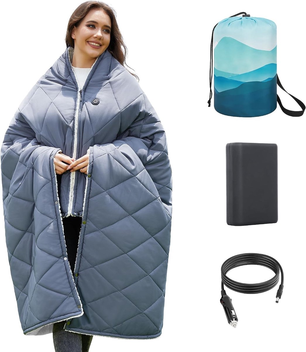 Elektrische Warmtedeken - Blauw - 180 x 130 cm - Draadloze Verwarmingsdeken met Accu - Voor Dames en Heren