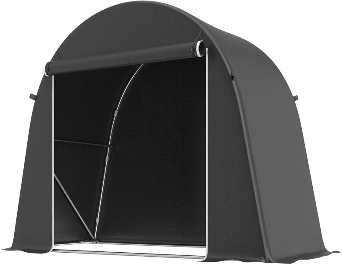 Buitenopslag 2,45 × 120 × 200 cm donkergrijs metalen frame fietstent tuinschuur opbergtent voor tuingereedschap met roldeur stabiel duurzaam eenvoudig ontwerp praktisch en decoratief voor tuin balkon en binnenplaats