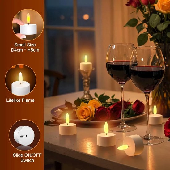Witte LED-theelichtjes met flikkerende vlammen op een tafel met wijnglazen en rozen.