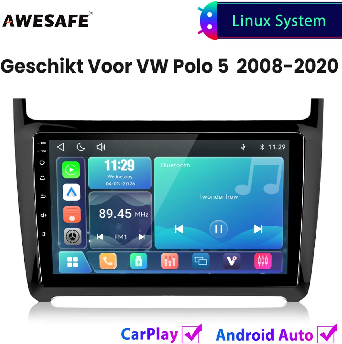Awesafe Autoradio - Geschikt Voor Volkswagen VW Polo 5 2008 t/m 2020 - Draadloos Carplay Android Auto - Linux systeem - Touchscreen - Bluetooth Wifi - 2008 2009 2010 2011 2012 2013 2014 2015 2016 2017 2018 2019 2020