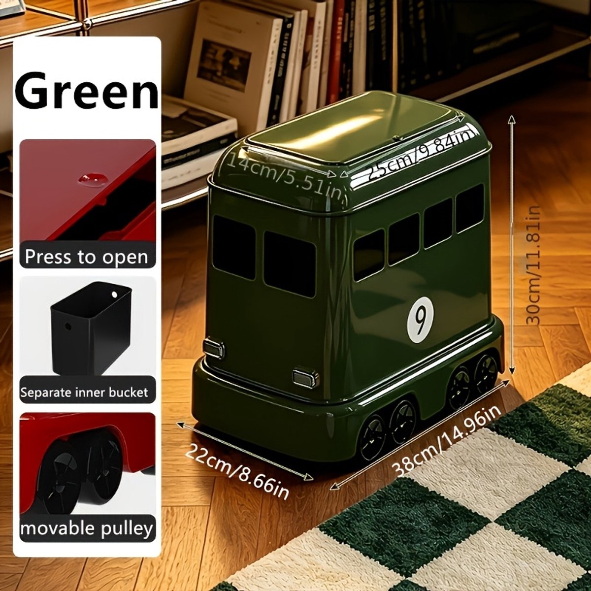 12L Prullenbak bus auto design, vuilnisbak met drukdeksel, binnenemmer en zwenkwielen, stijlvolle afvalbak voor woonkamer, slaapkamer, keuken en kantoor, decoratieve prullenbak voor binnenhuis, handig te verplaatsen afvalcontaine,retro Groen