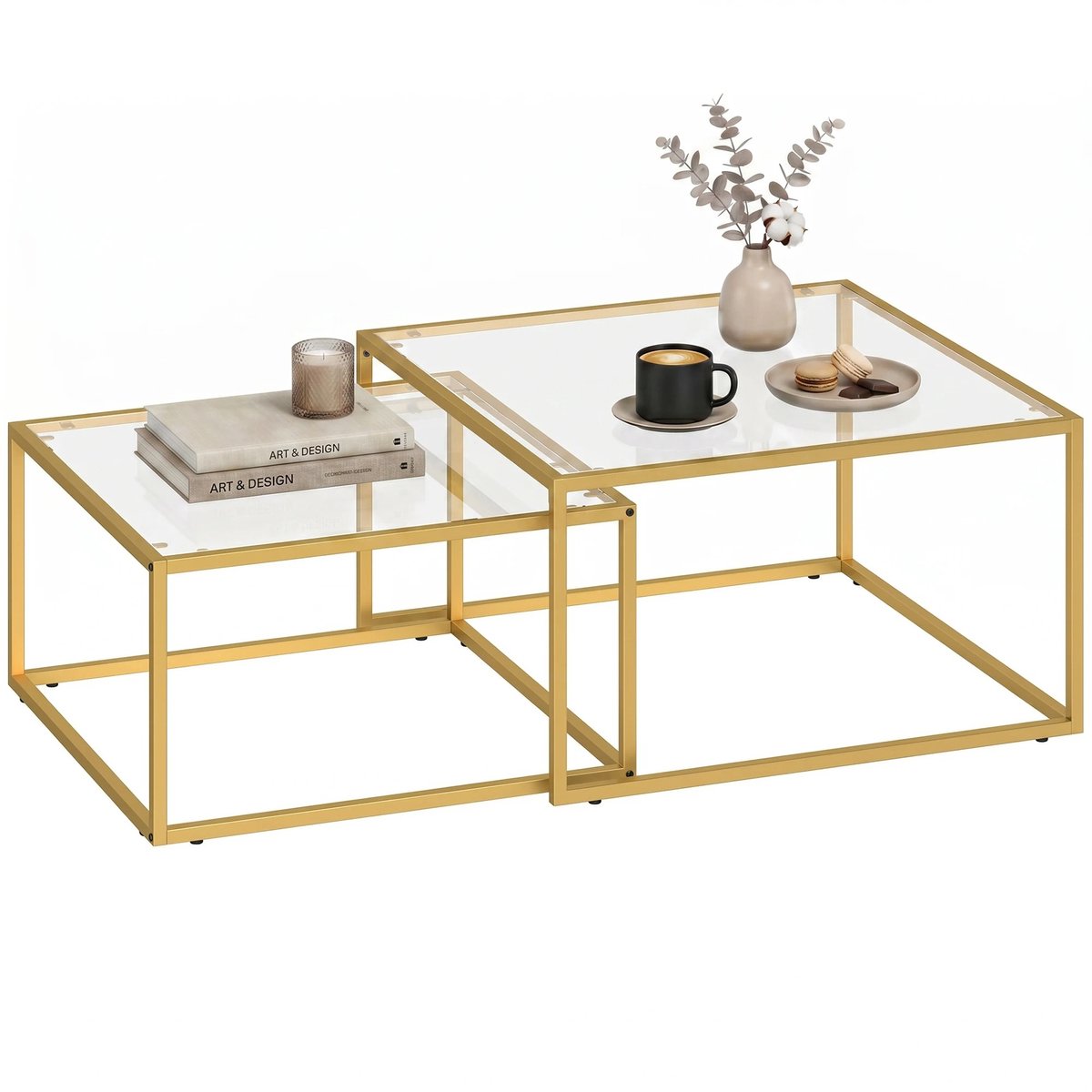 Bresht Bijzettafel - Bijzettafeltjes woonkamer - Set van 2 - Ruimtebesparend - Veelzijdig - Gehard glas - Goud - 75 x 75 x 42 cm