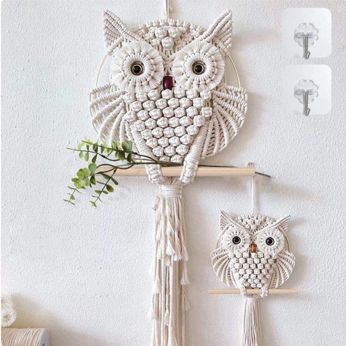 Wanddecoratie, set van 2: uil, handgeweven wandtapijt, wanddecoratie in bohemian stijl.