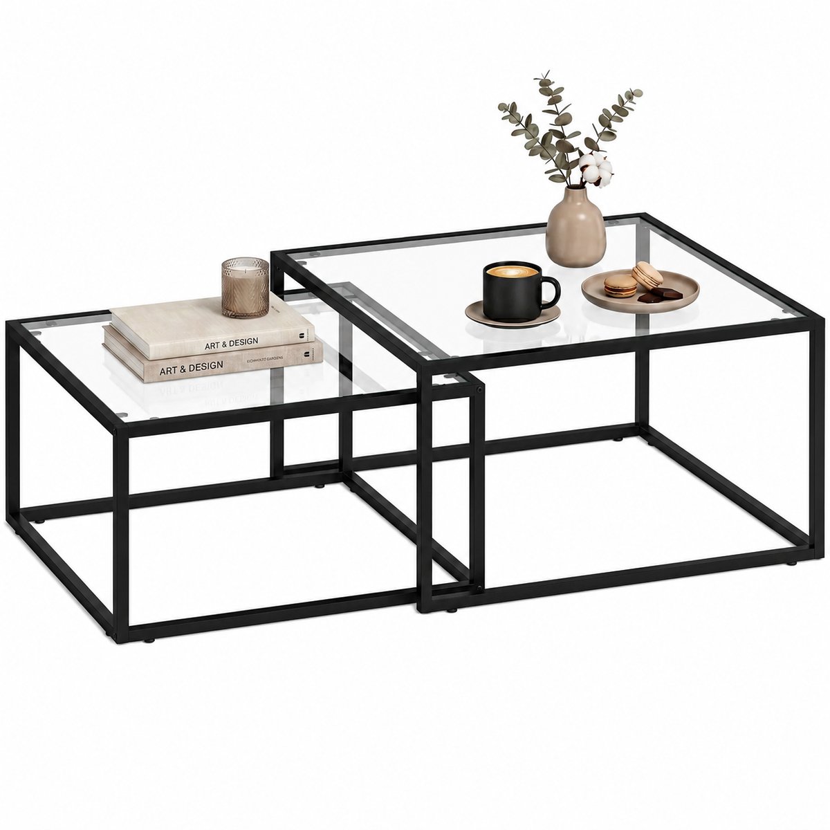 Bresht Bijzettafel - Bijzettafeltjes woonkamer - Set van 2 - Ruimtebesparend - Gehard glas - Veelzijdig - Zwart - 75 x 75 x 42 cm