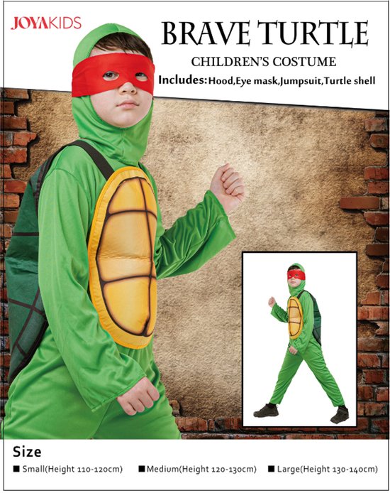 Joya Kids Brave Turtle kinderkostuum: groene jumpsuit, schild, hoofdkap en rood oogmasker.