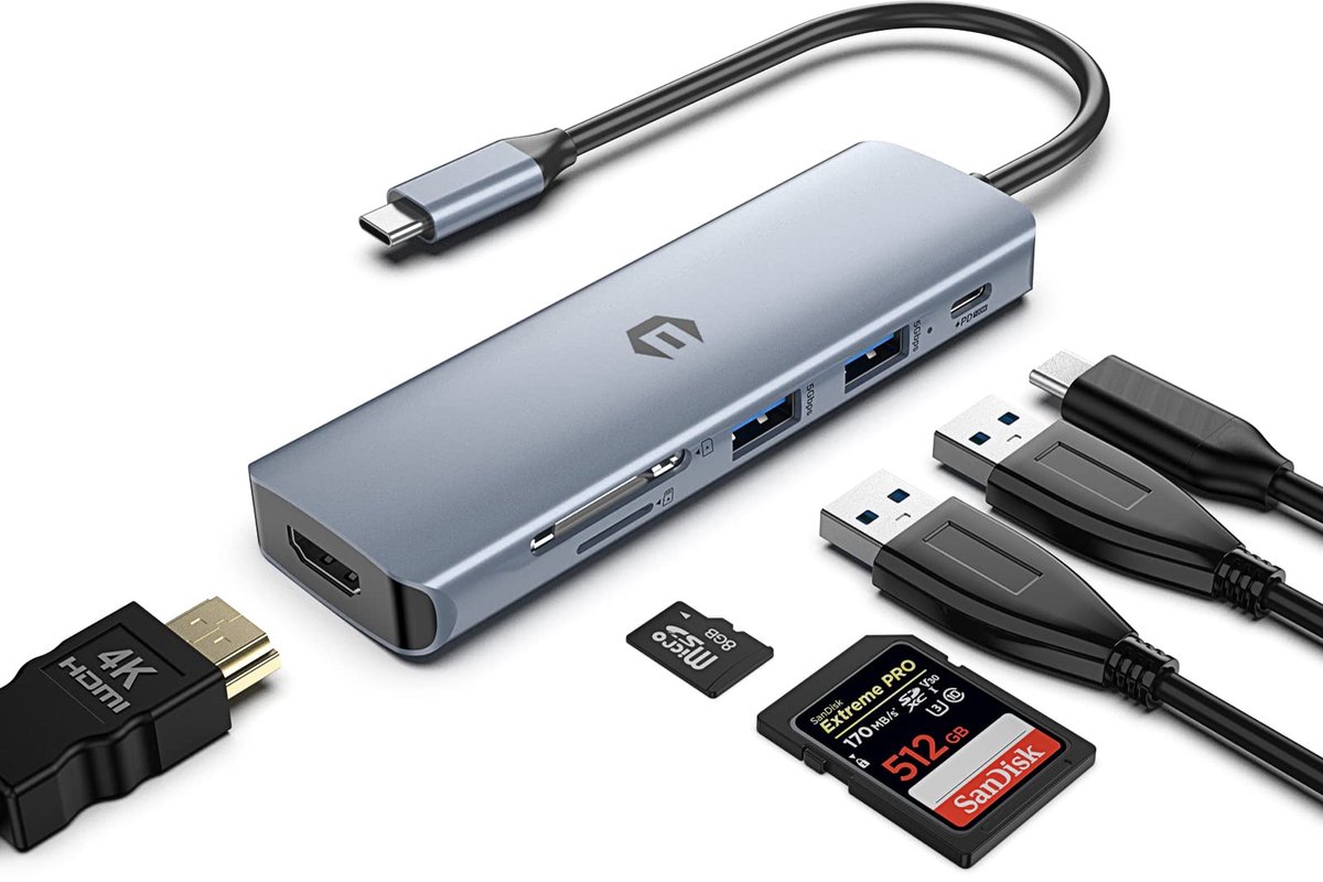USB C HUB, USB 3.0 HUB, 6-in-1 USB C docking station met 2 x USB 3.0, 4K HDMI, 100 W PD, SD/TF-kaartlezer, compatibel - ShopVlot