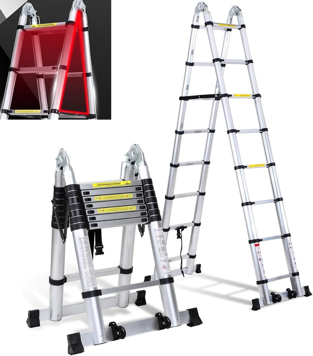 Telescopische Ladder - Opvouwbare Ladder - Klus Klaren - Dubbele Bypass Rollen - 5 Meter - Zilver