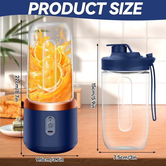 Draagbare Mixer - Smoothie Maker - Fruit Sap Maken - 6 RVS Bladen - 400 ml - Blauw — afbeelding 3