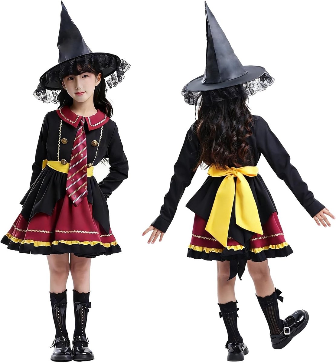 Magische Tovernaar Kostuum voor Meisjes en Vrouwen, Inclusief Lolita Jurk, Heksenhoed, Stropdas en Riem, Perfect voor Halloween, Carnaval en Cosplay Activiteiten