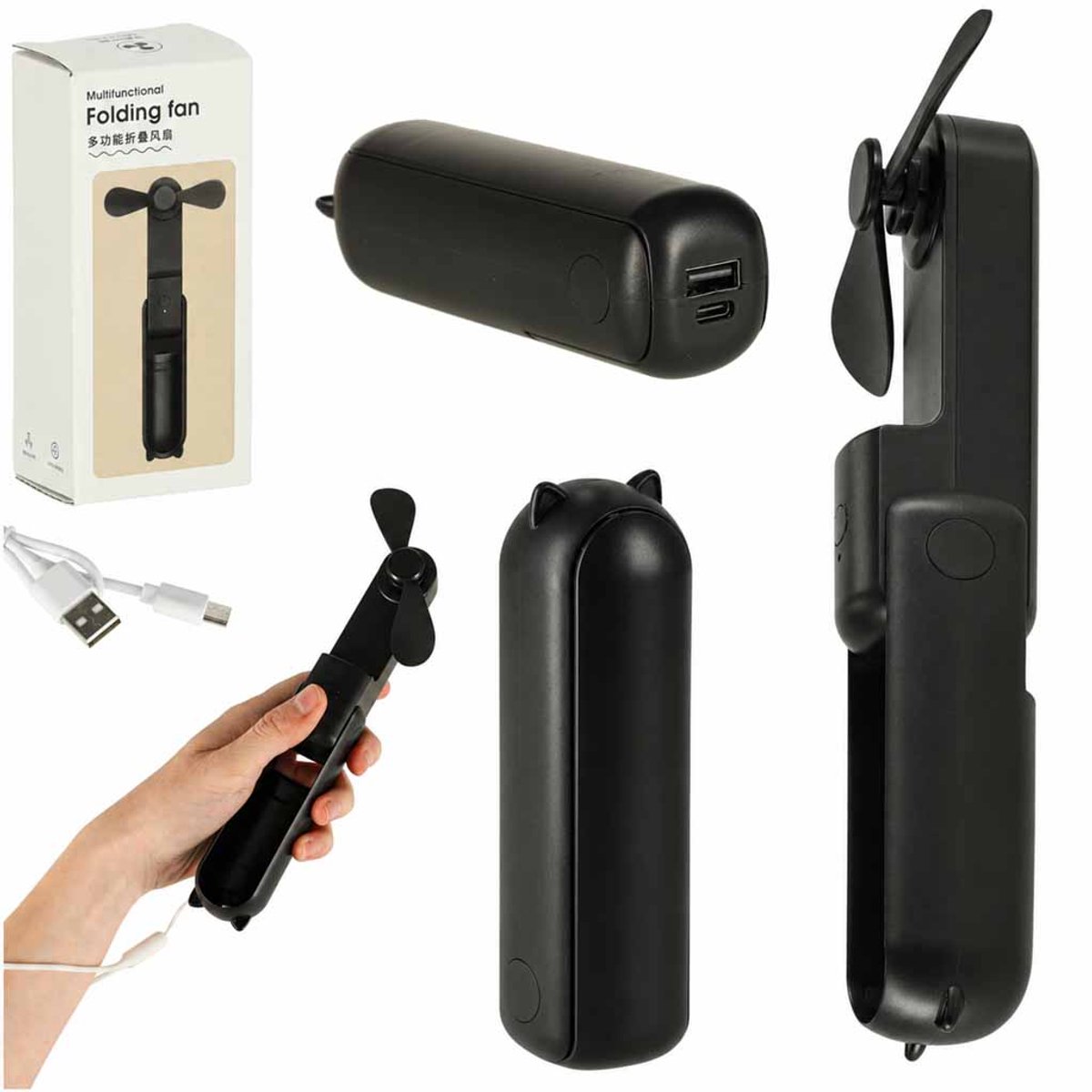 Bureauventilator Mini Handheld Opvouwbare Windmolen Draagbare USB Zwart - UNI