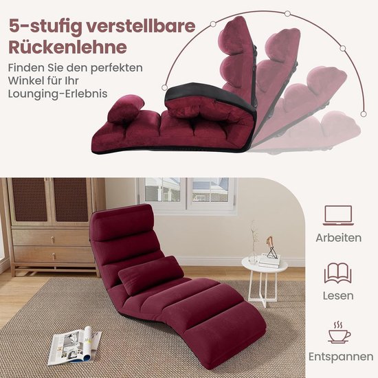 Relaxstoel inklapbaar - Vloerstoel ligstoel - Ontspannen lezen gamen - Verstelbare rug en steun - 175 x 55 cm - Rood — afbeelding 4