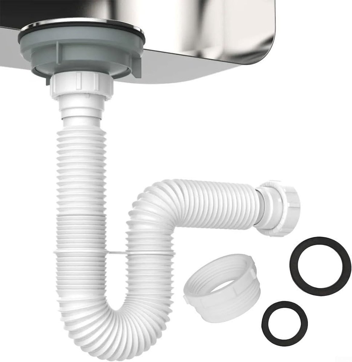 Flexibele Afvoerbuis 40mm, Dubbele Kom Afvalset met P-Trap Adapter en Uitschuifbare Vaatwasser Slang, Wit