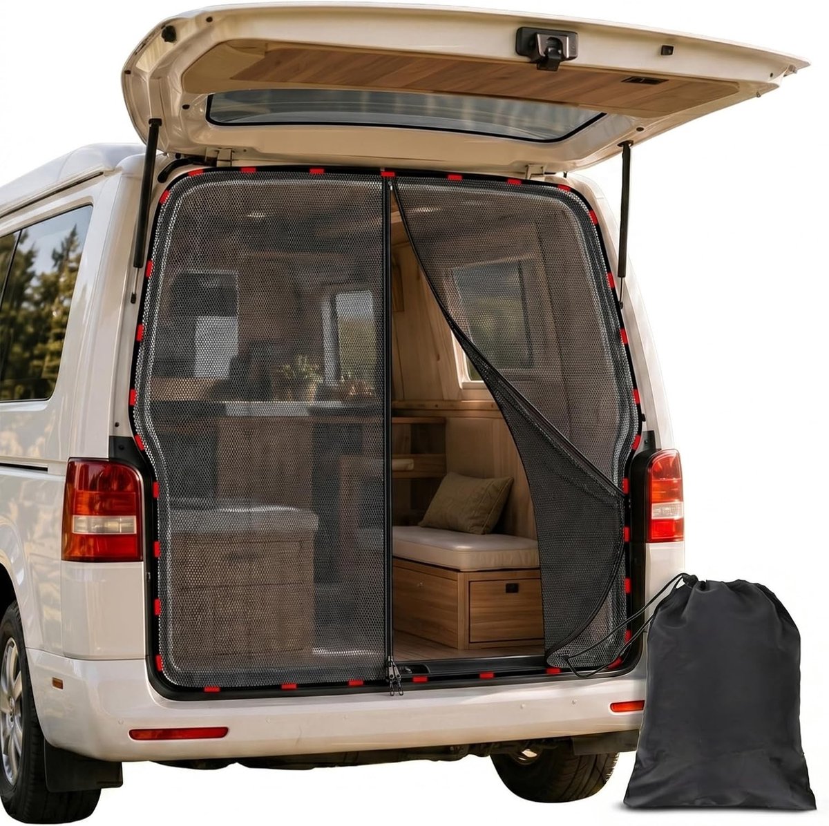 Muggennet voor VW T5 T6 – Magnetisch Vliegenraam met 3 Ritsen, Insectenbescherming, Zonwering en Privacy voor Kamperen en Buitenactiviteiten