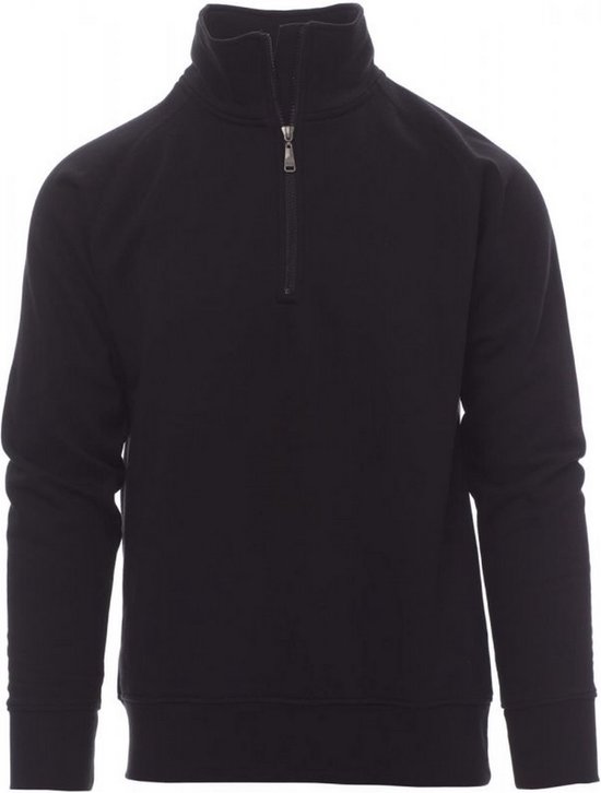 Zwarte casual sweater voor heren met een halfhoge rits, lange mouwen en een opstaande kraag.