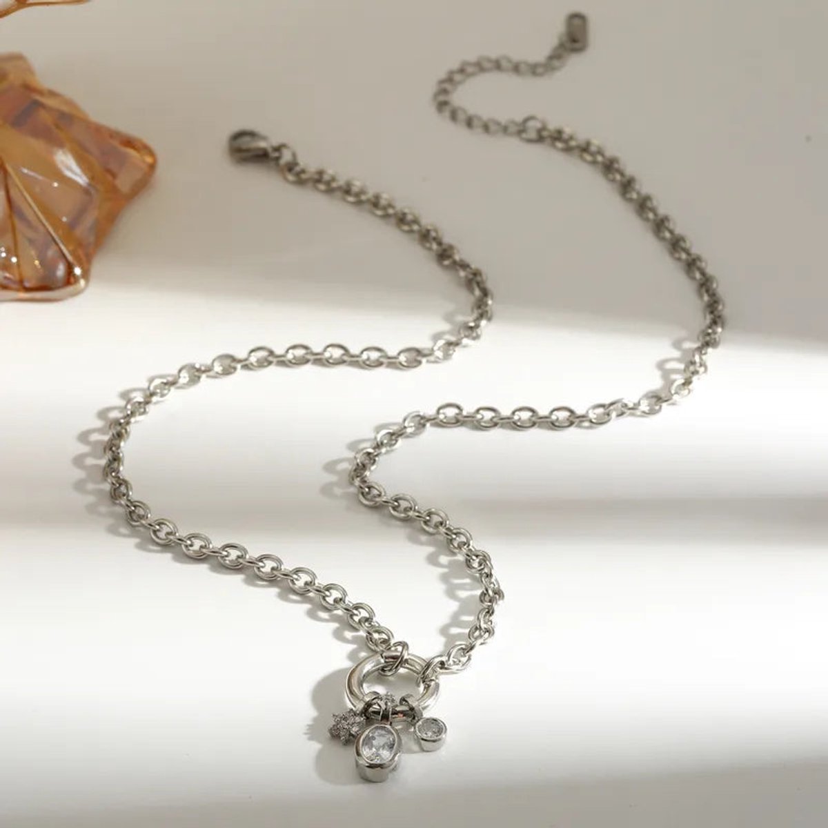 Stalen Ankerketting met 3 Zirkonia Bedels Zilverkleurig RVS – 4mm 42cm - silver - Groen