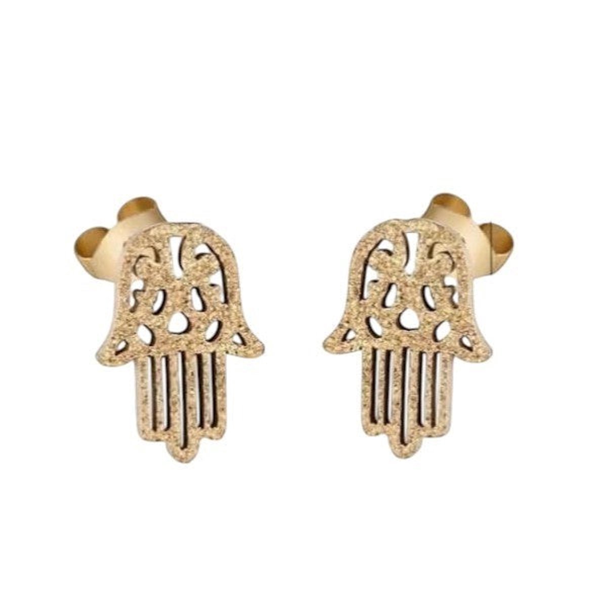 Goudkleurige Hamsa Oorstekers Staal – Handje van Fatima Mat Gezandstraald (10x7mm)