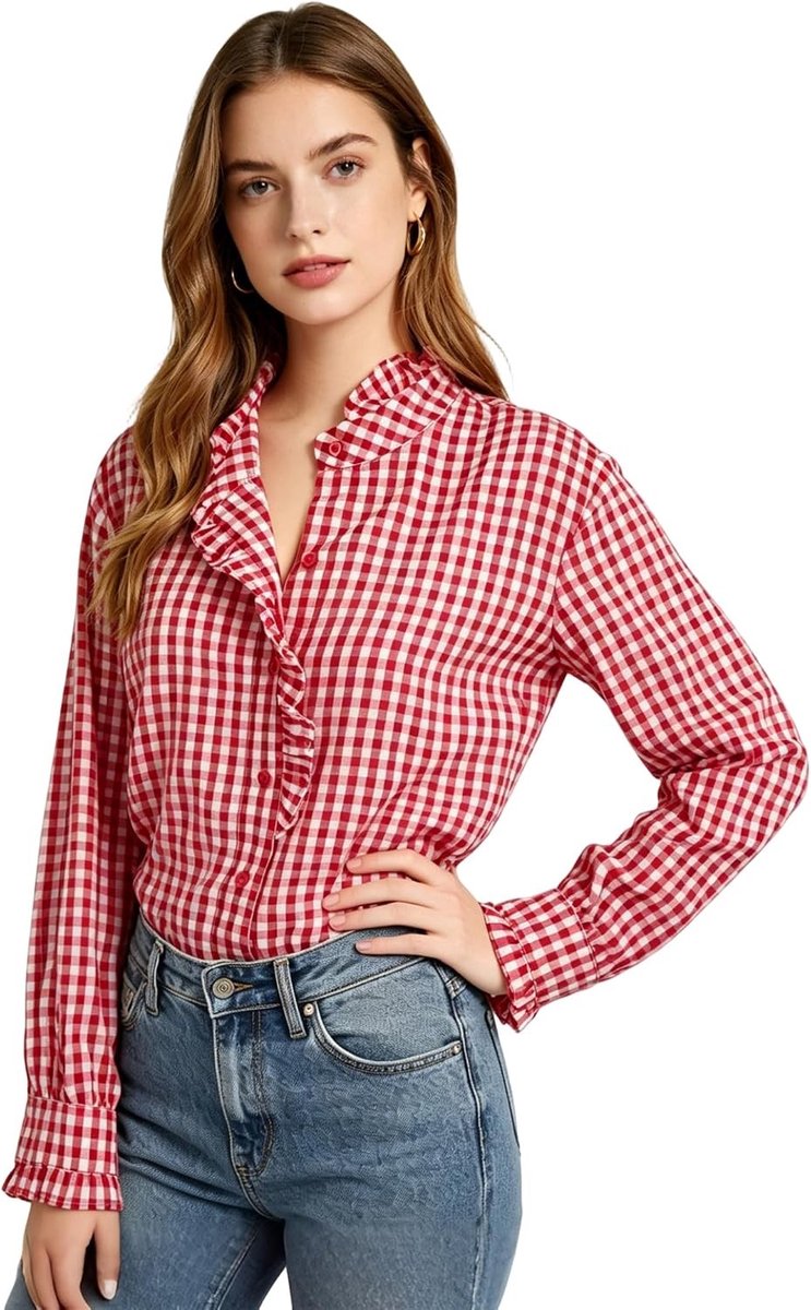 Kostuumblouse voor Dames in Ruitpatroon Rood-Wit van Muslin met Lange Mouwen en Flonker, Perfect voor Oktoberfest en Feestelijke Gelegenheden