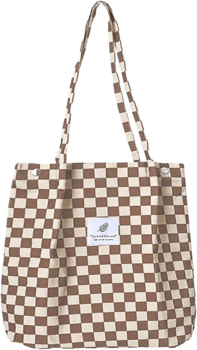 Schoudertas dames groot - ribfluweel - bruin schaakpatroon - ideaal voor school en werk - ShopVlot