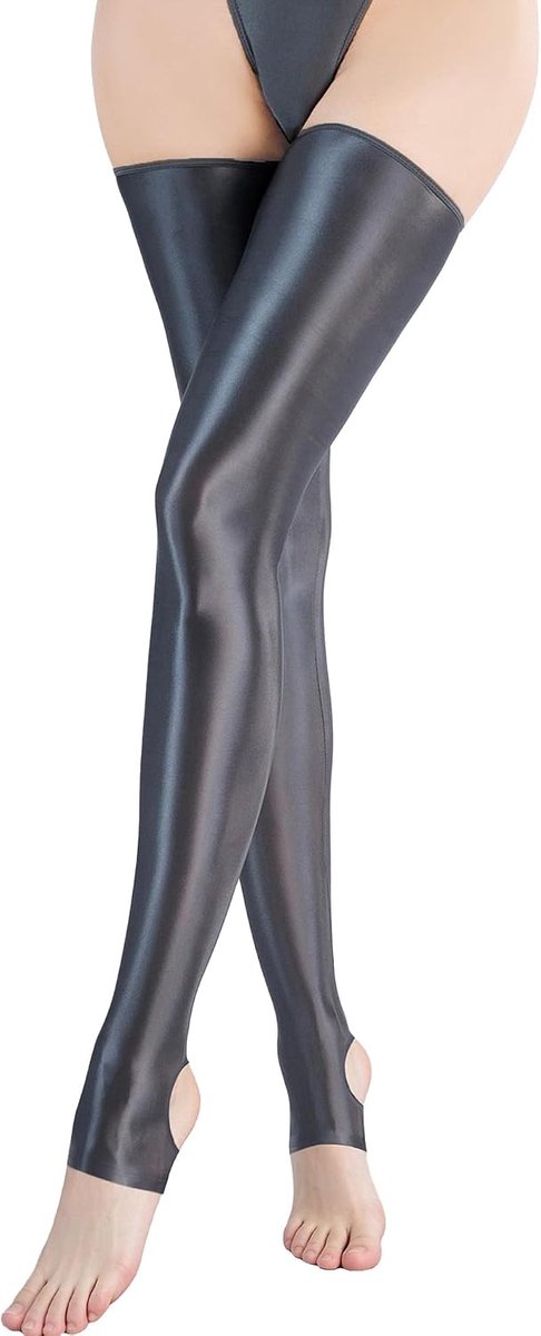 Sexy glanzende vettige halterkousen voor dames, open hiel, grijs - ShopVlot