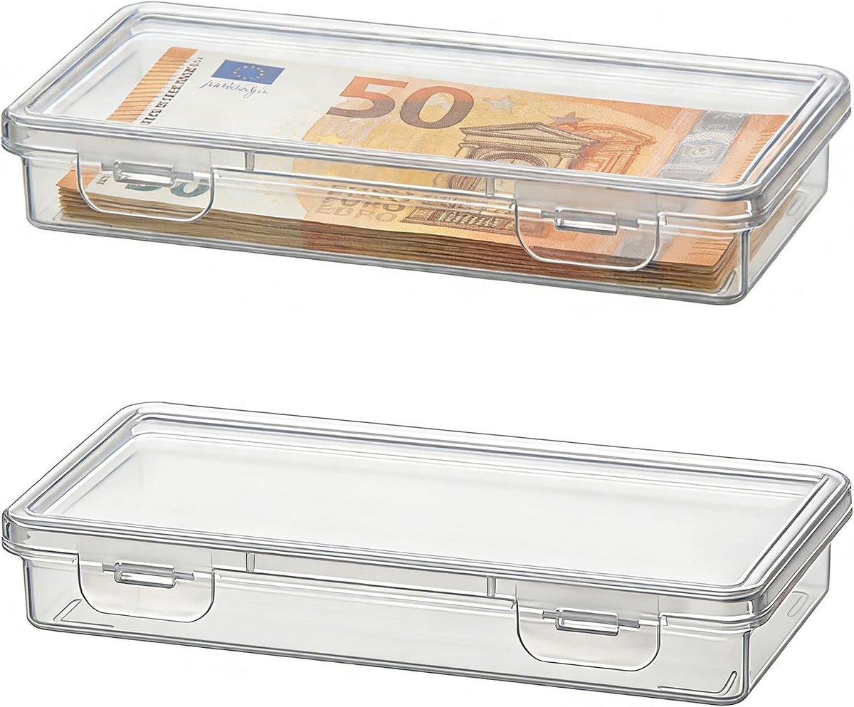 Geldkistje - Transparant - 19 x 9,5 x 3 cm - Stevige Opbergdoos voor Bankbiljetten - Voor Thuis en Kantoor