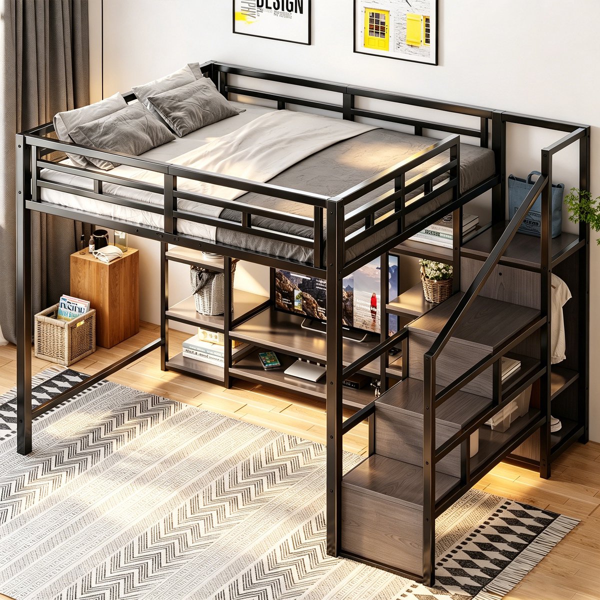 Wishdor Hoogslaper 140x200 cm - Met tv-standaard en stopcontact - Modern industrieel design - Met veiligheidsladder en opbergruimte - Metaal en MDF - Zwart