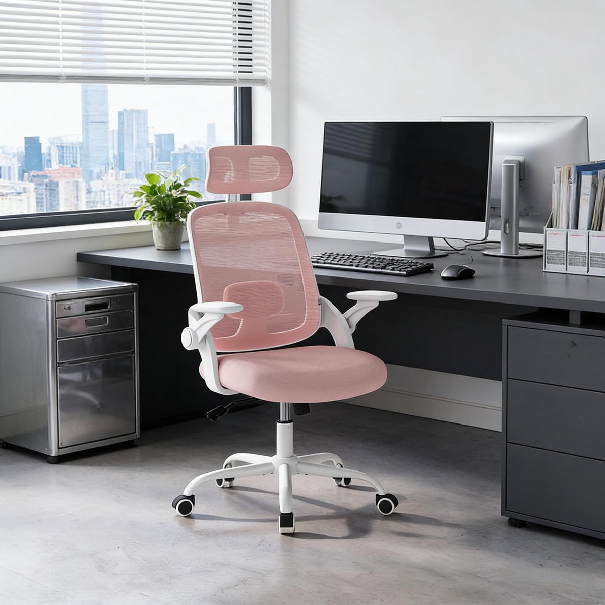 Wishdor Bureaustoel ergonomisch met hoofdsteun en 3D-armleuningen - Verstelbare zithoogte - Hoge rugleuning van mesh - 360° draaibaar met wielen - Roze - 63,5 cm
