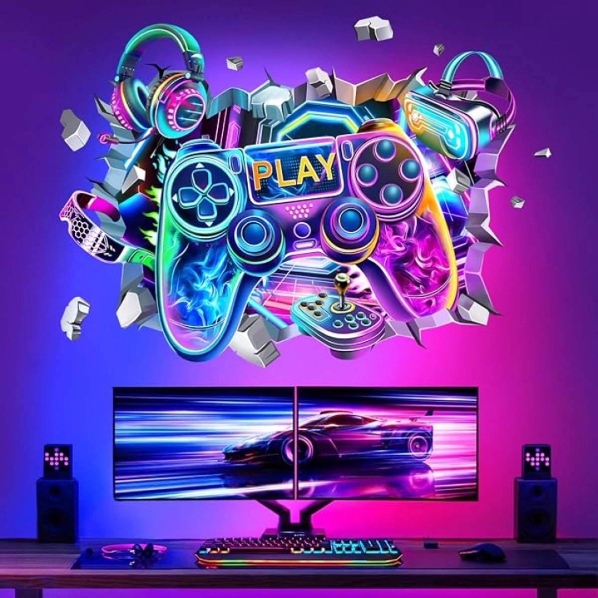 Muursticker 3D Gamer - Gaming Controller en Videogames - Wanddecoratie voor Jongenskamer en Speelkamer - 2 vellen 30x90 cm