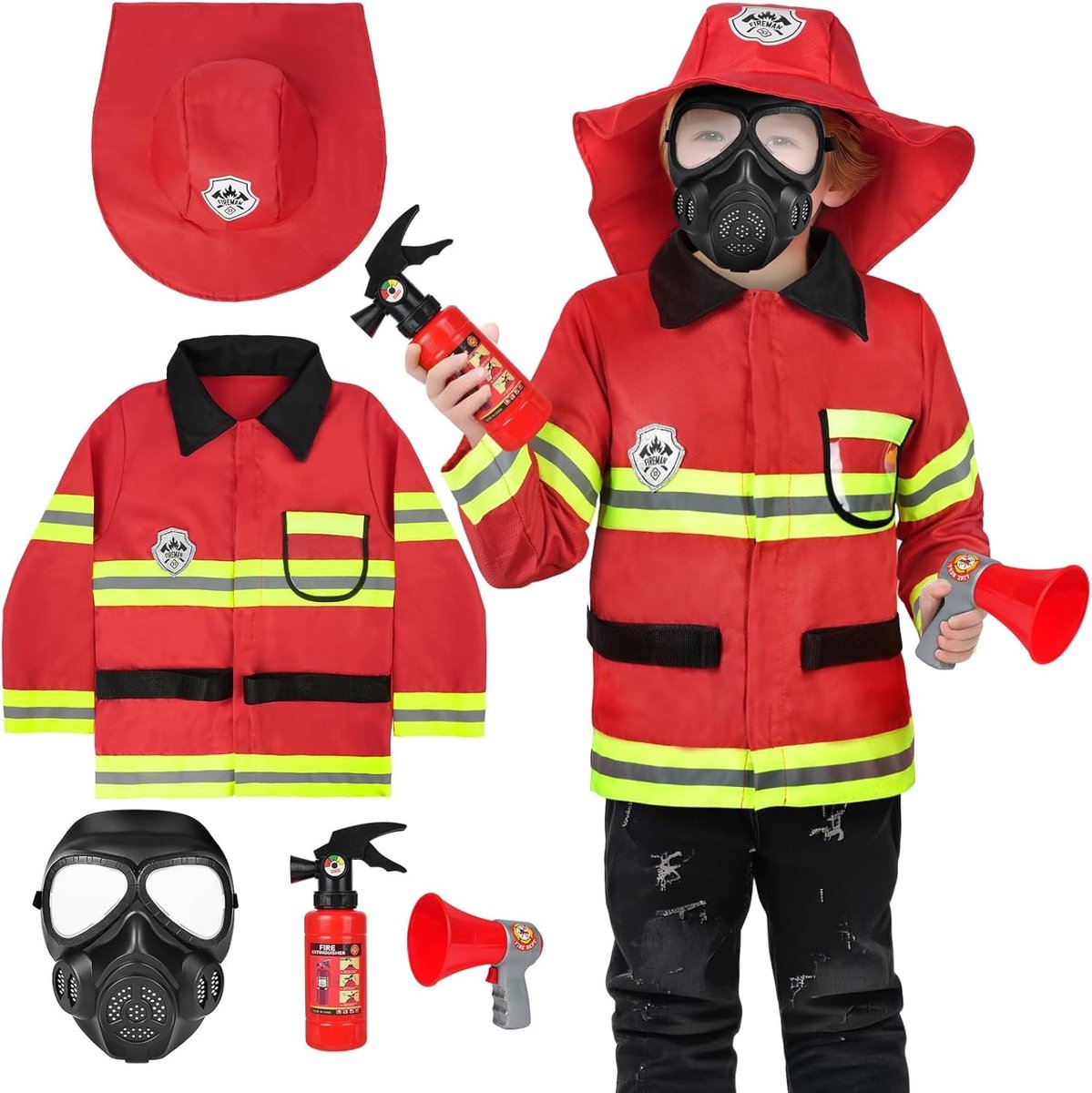 Complete Brandweer Rollenspel Set voor Kinderen met Kostuum, Brandblusser, Hoed en Masker - Ideaal voor Carnaval en Creatief Spelletjesplezier