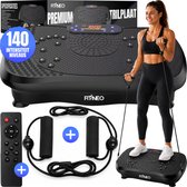 Zwarte Fitneo Premium trilplaat met een vrouw erop. Inclusief afstandsbediening en weerstandsbanden.