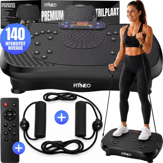Zwarte Fitneo Premium trilplaat met een vrouw erop. Inclusief afstandsbediening en weerstandsbanden.