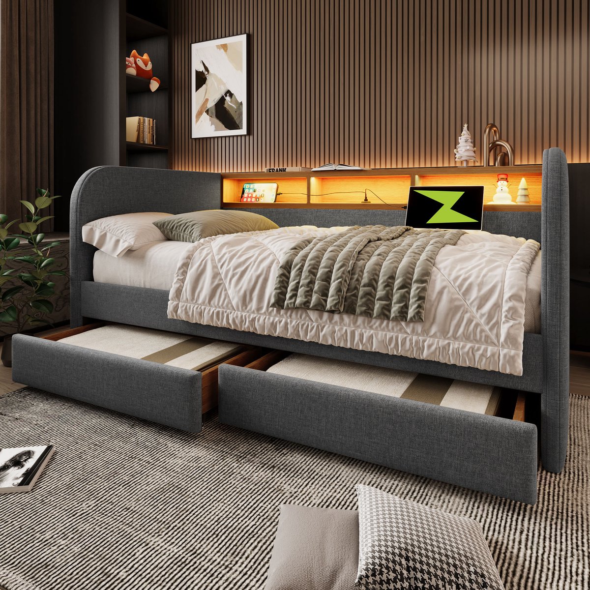 Wishdor Slaapbank 140x190 cm - Met ledverlichting en USB-C opladen - 2 lades en opbergkopstuk - Stof - Grijs - Lattenbodem - Zonder matras - Voor volwassenen