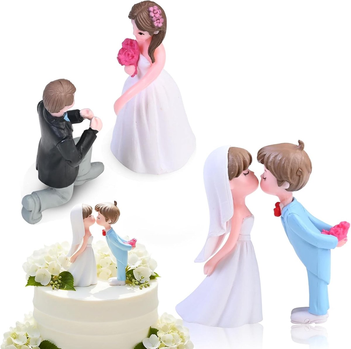 Bruiloftstaart Poppen - Bruid en Bruidegom Figuren - Decoratieset voor Bruiloftstaarten met 2 Paren in Wit en Zwart, Gemaakt van Duurzaam PVC in Levendige Kleuren voor een Betoverende Bruiloftservaring