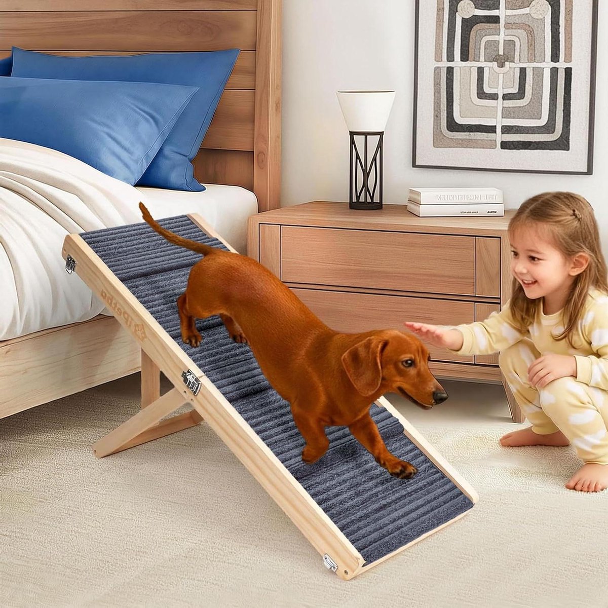 Houten Honden Opstapje - Huisdier Looptrap - Hulp bij Klimmen - In Hoogte Verstelbaar - Tot 53cm Hoog - Grijs