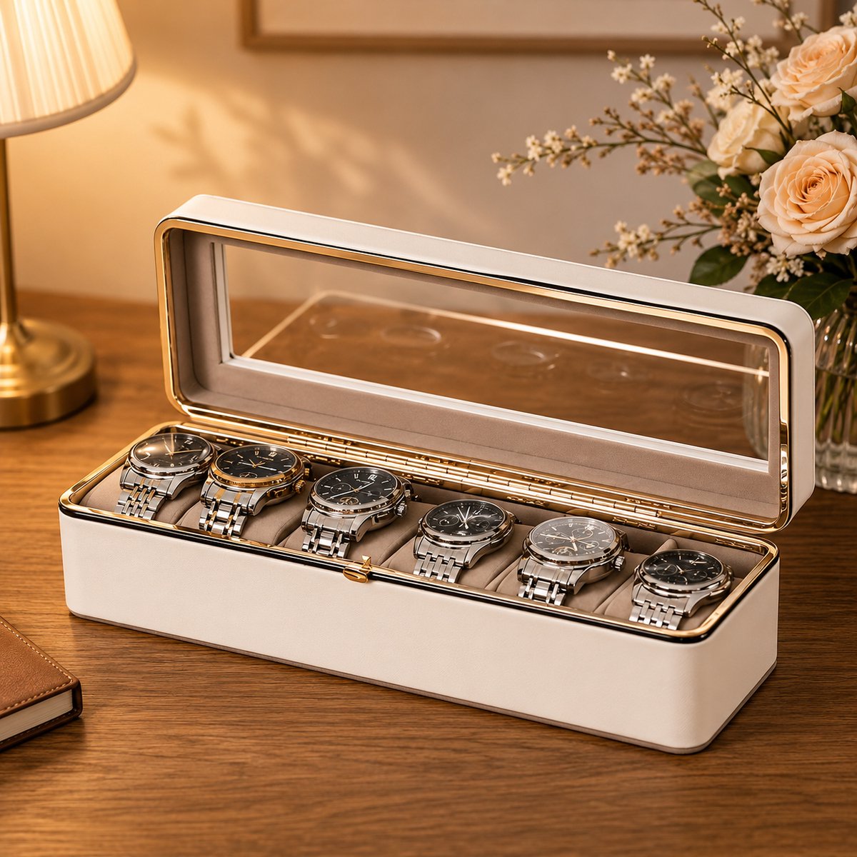 Merkloos Horloge Opbergdoos met Deksel, Vintage Horloge Doos voor 6 Horloges, Kunstleren Sieraden Doos met Rits