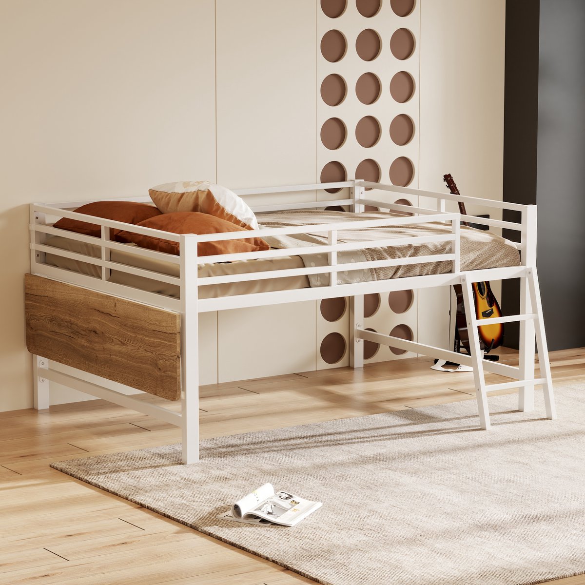 Wishdor Hoogslaper 140x200 cm - Met bureau, trap en uitvalbeveiliging - Metalen bedframe met LED-verlichting - Wit - Ruimtebesparend - Zonder matras