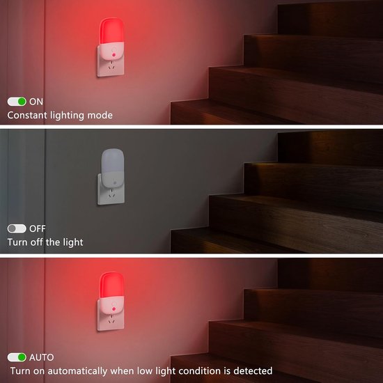 2-Pack 670nm Rood Nachtlampje voor Slaap, met Schemersensor Automatisch Aan/Uit, Zacht Rood Slaaplicht voor Babykamer, Slaapkamer, Gang en Badkamer — afbeelding 4