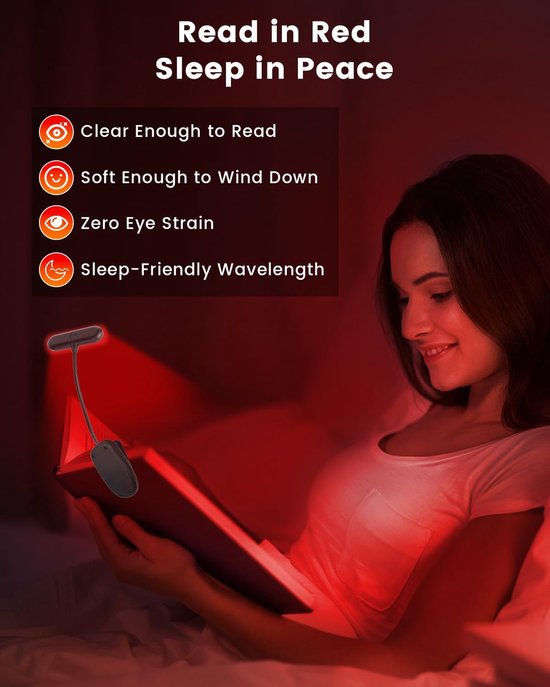 670nm Rood Licht Leeslamp voor Bedlezen Dimbare USB-Oplaadbare Klemlicht voor Slaap & Oogcomfort Instelbare Helderheid Draagbare Boekenlamp met Geheugenfunctie Energieklasse F [Energieklasse A] — afbeelding 3