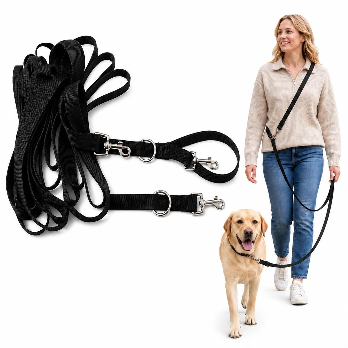 handsfree hondenriem 5 m - crossbody met metalen clips - voor honden tot 80 kg - ideaal voor wandelen - ShopVlot