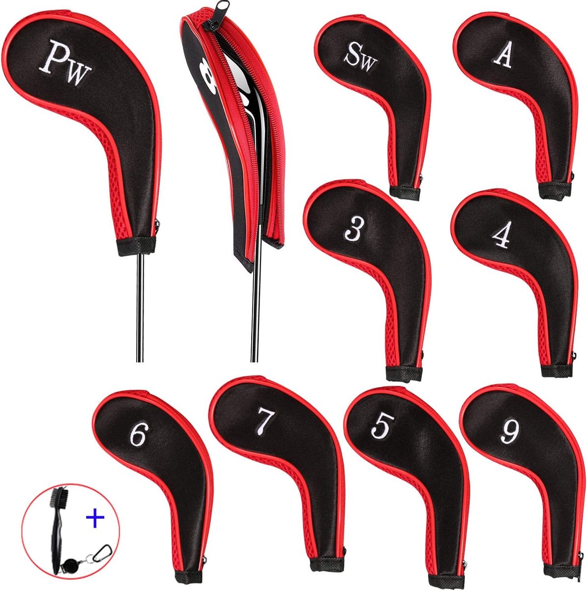 10-piece golf cap with cover for golf iron, long neck, number printing and 1 piece golf club brush - ShopVlot