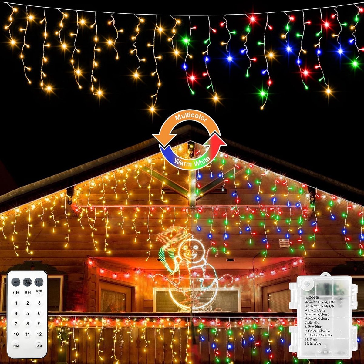 ZAIYW 3m Battery Operated Christmas Icicle Lights Colour Changing Warm White and Multicolor 102 LED Fairy Lights with - ShopVlot