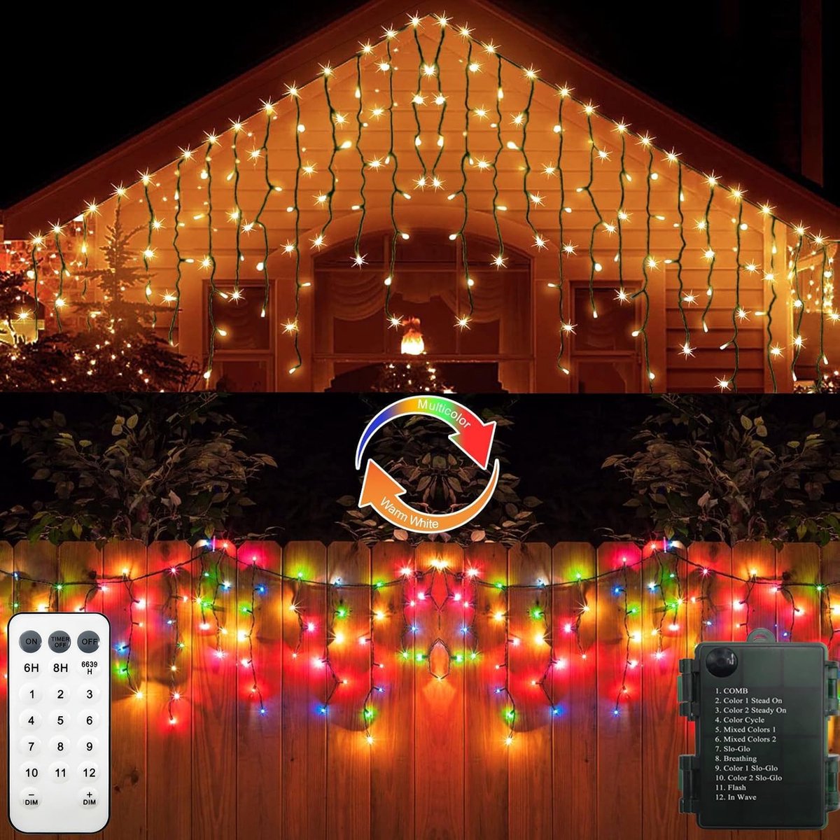 Christmas Icicle Lights Color Changing Battery Operated Warm White & Multicolor 102 LED Fairy Lights with Remote - ShopVlot
