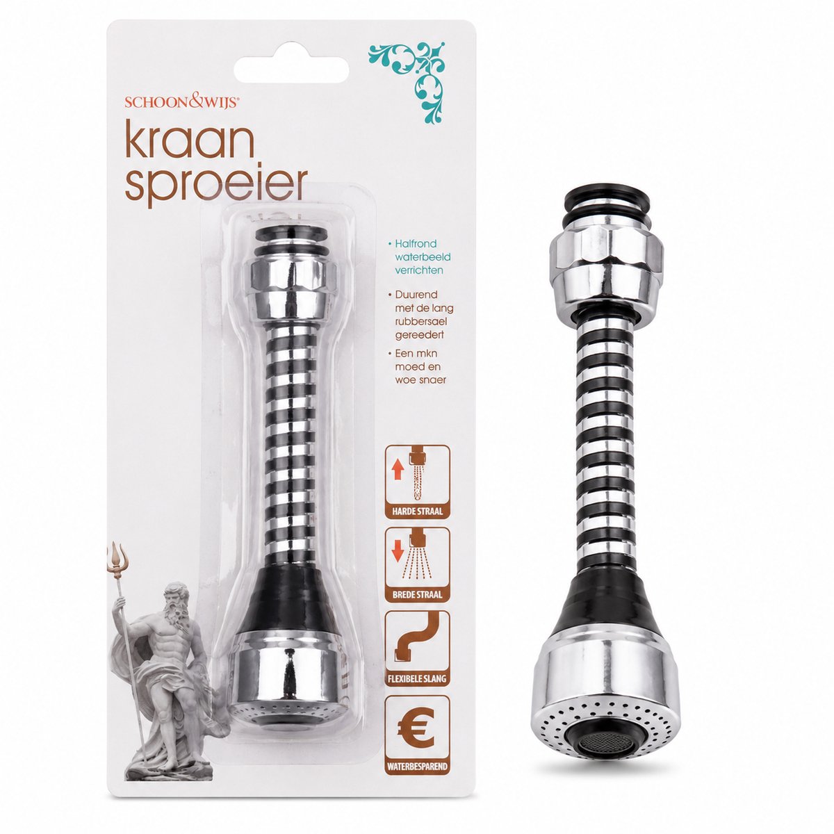 Kraansproeier met waterbesparende flexibele slang.