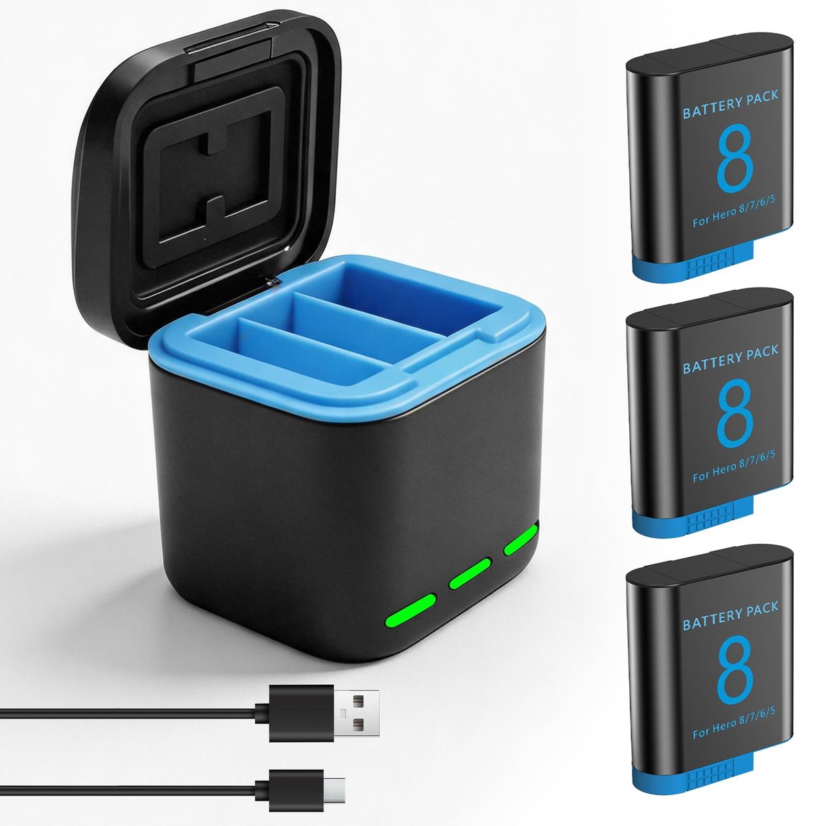 Accu set voor GoPro Hero 8 - 3 accu's met 3-poorts oplader - compatibel met Hero 8/7/6/5/2018 - ShopVlot