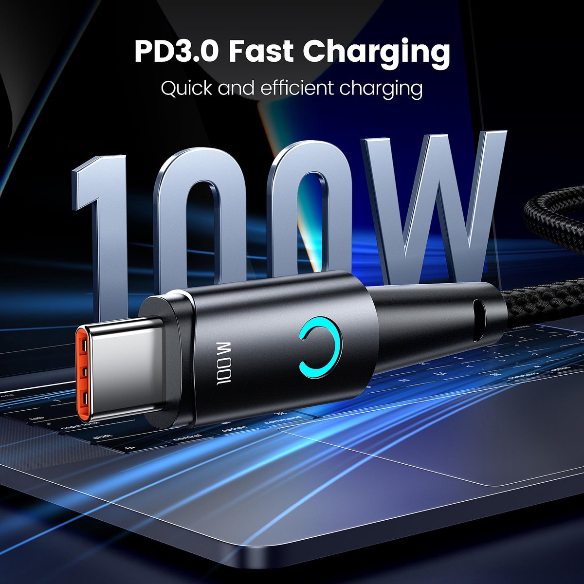 USB C Oplaadkabel 100W 2M - Nylon - met LED Verlichting - snel opladen - ShopVlot