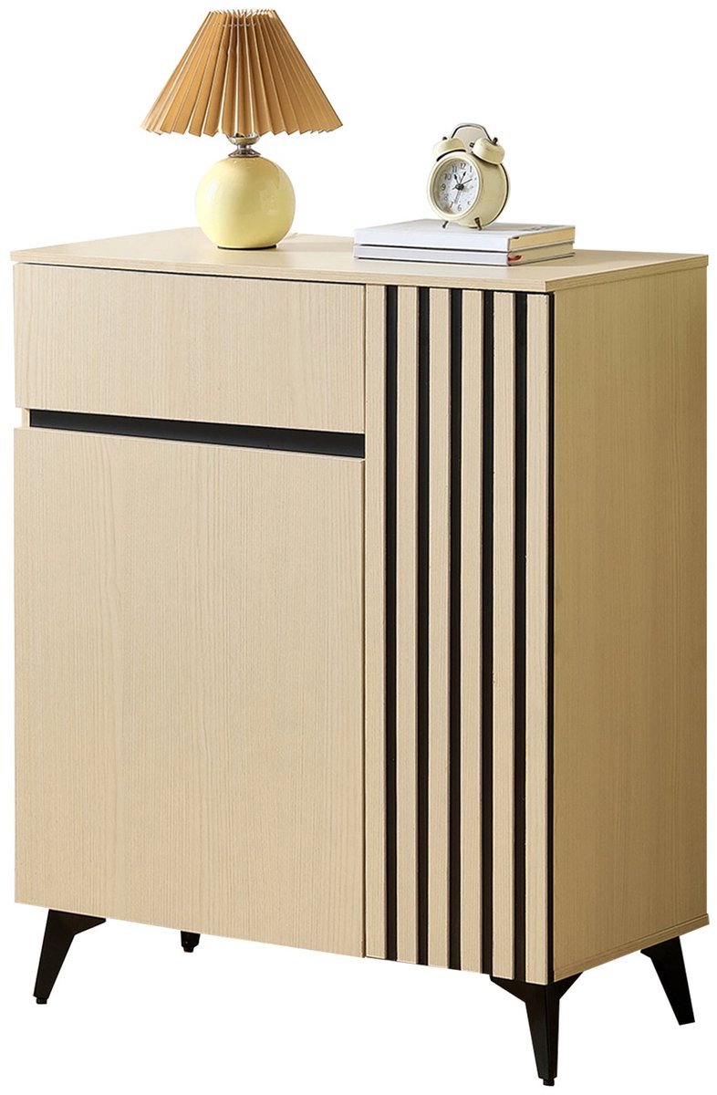 Merax Schoenenkast - 75 x 35 x 90 cm - Lichte Houtkleur en Zwart - 2 Deuren - Lade - Verstelbare Legplanken - Halmeubel