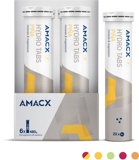 Verpakking van Amacx Hydro Tabs Pina. Twee tubes in de verpakking, één losse tube ernaast.