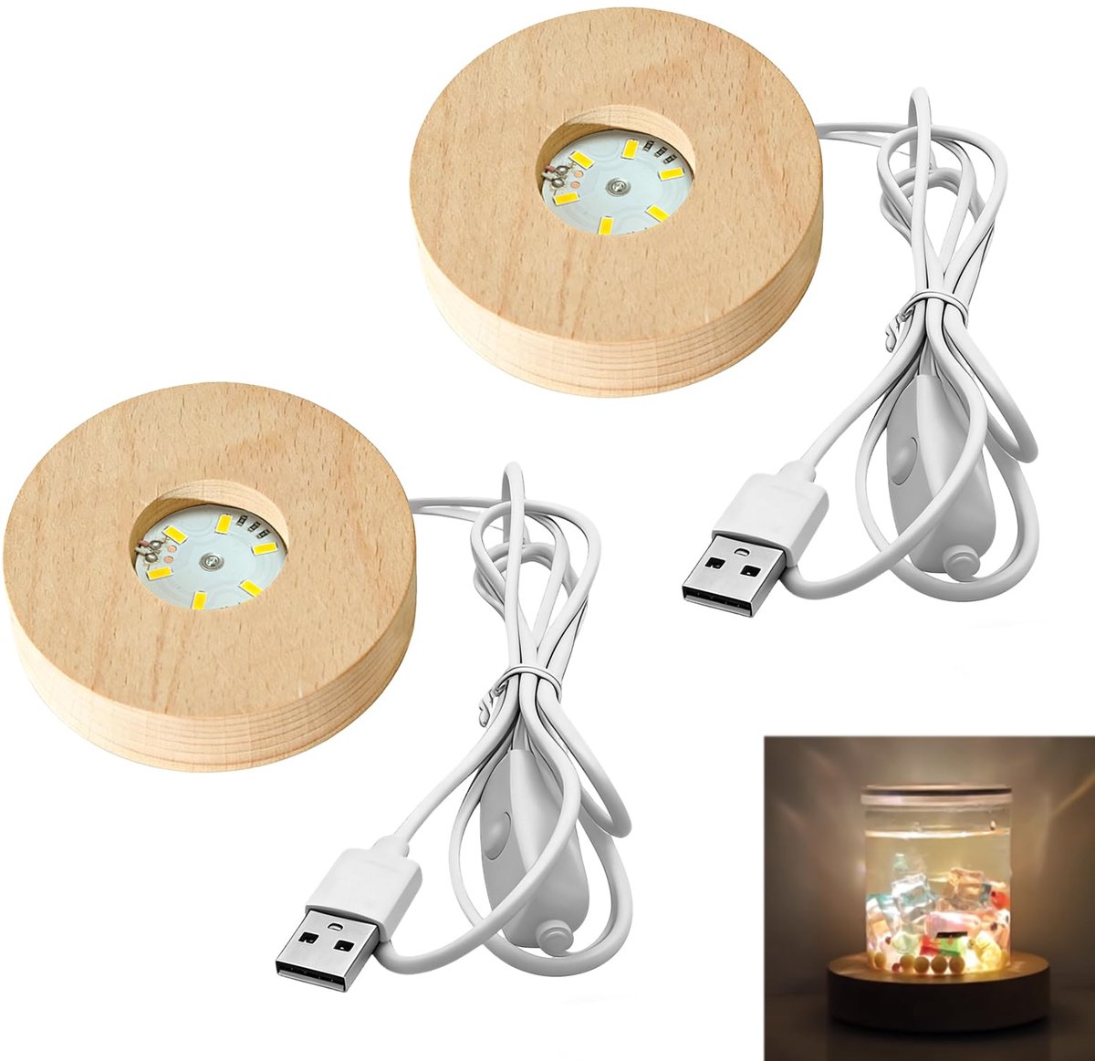 Houten LED-lichtbasis 2 stuks - Ronde USB-aangedreven lamphouder - Met schakelaar - Voor 3D kristallen bol - ShopVlot