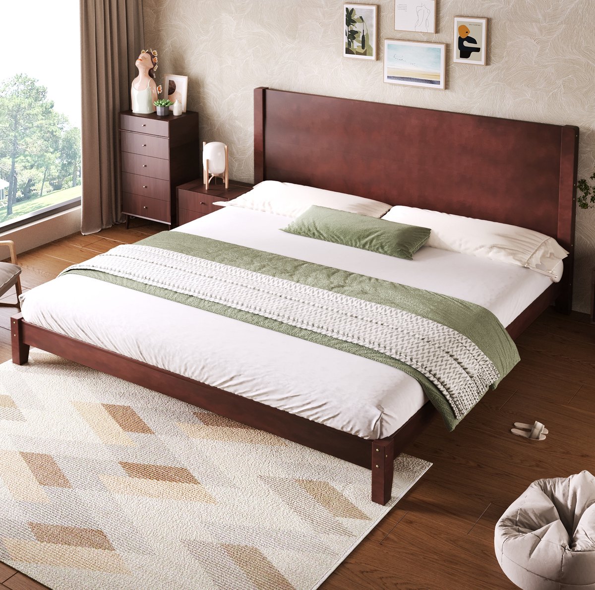 Wishdor Bed 180x200 cm - Met hoofdbord en lattenbodem - Klassiek ontwerp - Bruin houten bedframe voor tweepersoonsmatras en volwassenen - 205 x 185 x 95 cm