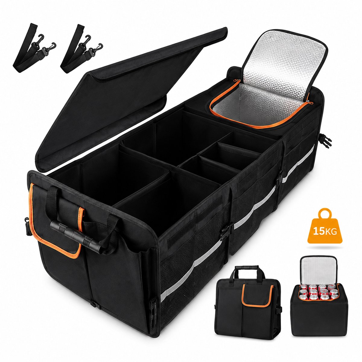 Jurrys kofferbak organizer - Opbergbox - 6 opberg vakken en 1 geïsoleerde koelvak - Opvouwbaar - 115 Liter - 89x37x32cm - Zwart