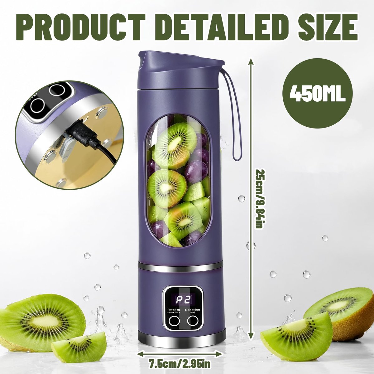 Draagbare mixer, 450 ml, oplaadbare mini-blender met led-display en 12 messen, compacte smoothie maker voor shakes - ShopVlot